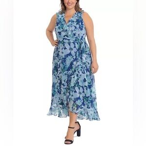 London Times Plus Size Floral-Print Ruffled Faux-Wrap Dress Size 16 Blue Ruffles